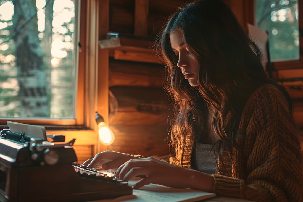 A woman typing on a typewriter in front of a window, focused and creative.