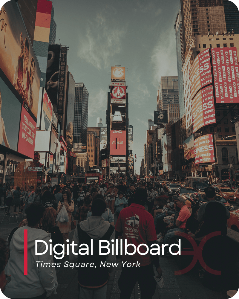 Digital billboard in Times Square, New York City: A vibrant display of advertisements illuminating the bustling streets.